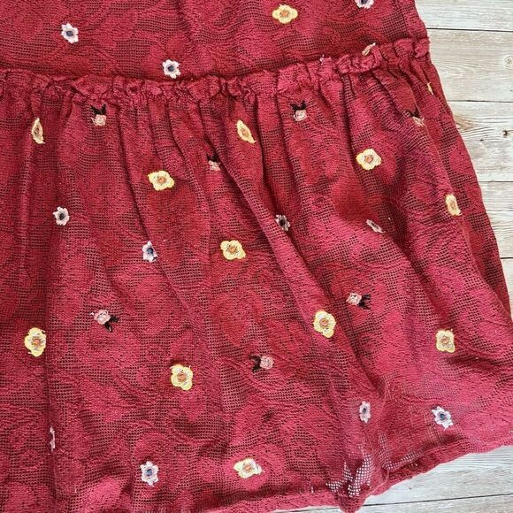 MI AMI Embroidered Floral Lace Ruffle Mini Babydoll Dress Medium Burgundy - Picture 8 of 13